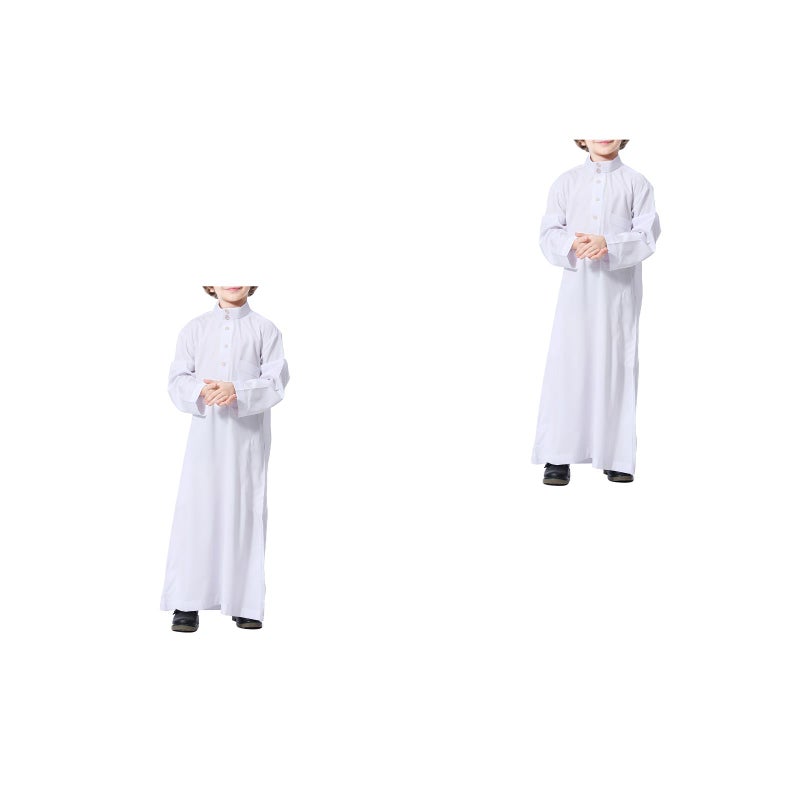 🐾 عباءة مسلم بأكمام طويلة وياقة مستقيمة بأسلوب بسيط للفتى المراهق 130 سم أبيض - Image 1