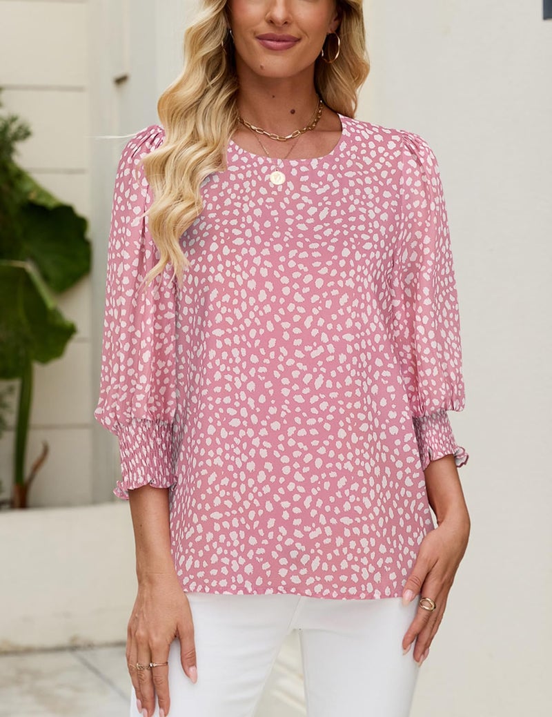 Halife Womens Polka Dot Tops and Blouses 3/4 Sleeve Dressy Round Neck Puff Sleeve Tunic Blouses Pink M - Image 4