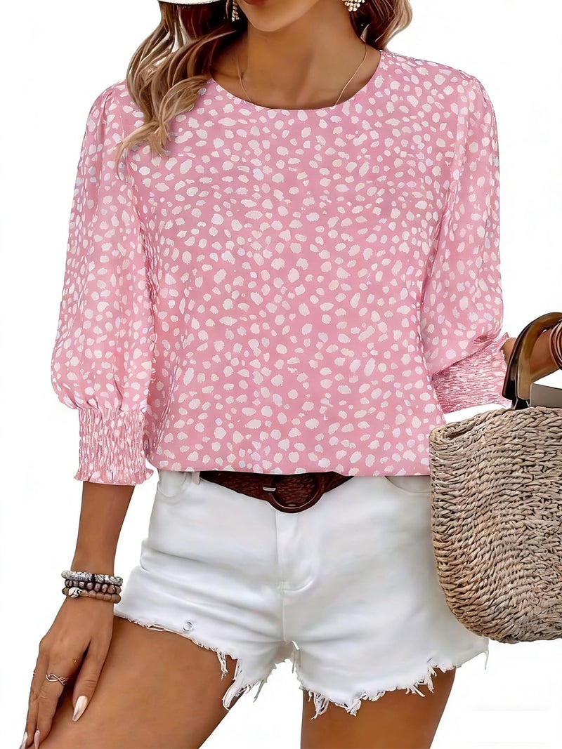 Halife Womens Polka Dot Tops and Blouses 3/4 Sleeve Dressy Round Neck Puff Sleeve Tunic Blouses Pink M - Image 1