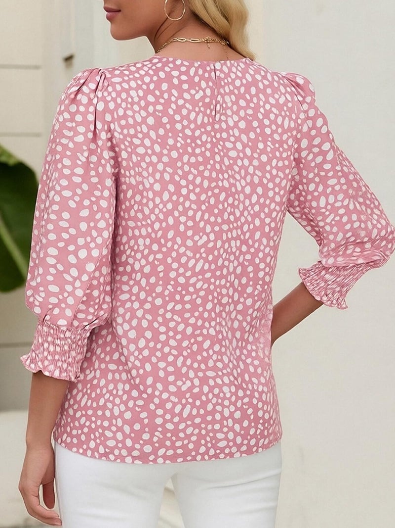 Halife Womens Polka Dot Tops and Blouses 3/4 Sleeve Dressy Round Neck Puff Sleeve Tunic Blouses Pink M - Image 3