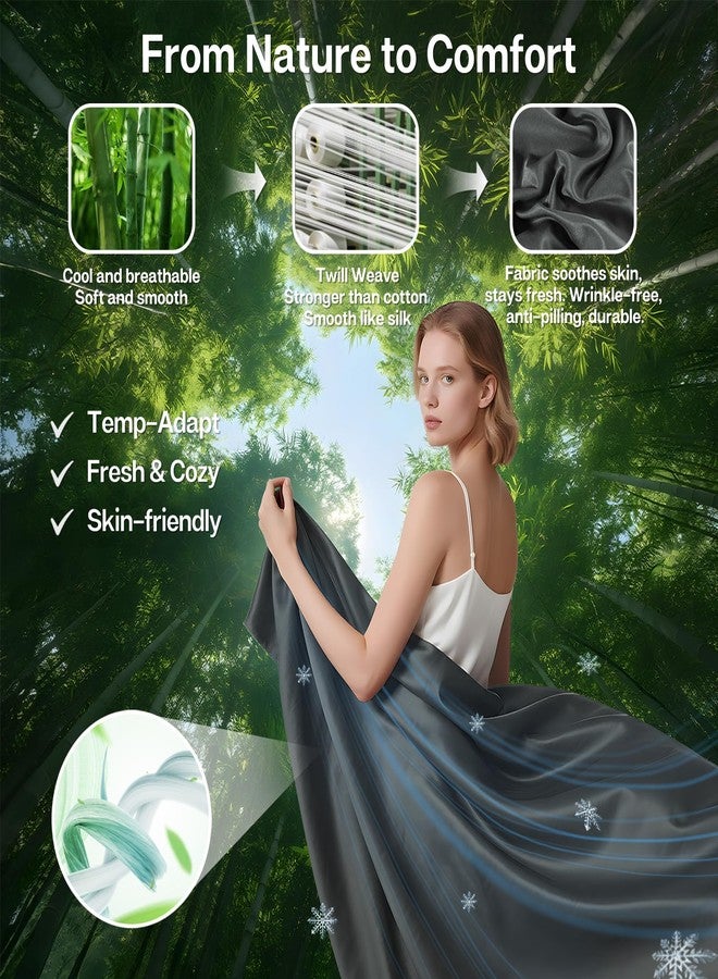 MR&HM طقم ملاءات سرير كوين من إم آر آند إتش إم، 4 قطع، ملاءات تبريد، مزيج من رايون مشتق من الخيزران والبوليستر، ناعم وحريري، جيوب عميقة 15 بوصة مع أشرطة مطاطية، فخامة فندقية لمن يعانون من الحرارة أثناء النوم، رمادي داكن - Image 2