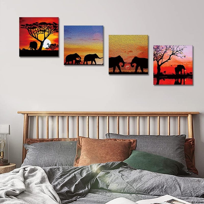 Artscope 4 Pieces Wall Art Canvas Prints - Sunset with African Elephants Picture Painting - Modern Wall Artwork Framed for Gifts Bathroom Home Kitchen Office Decor - 30 x 30 CM - Image 5