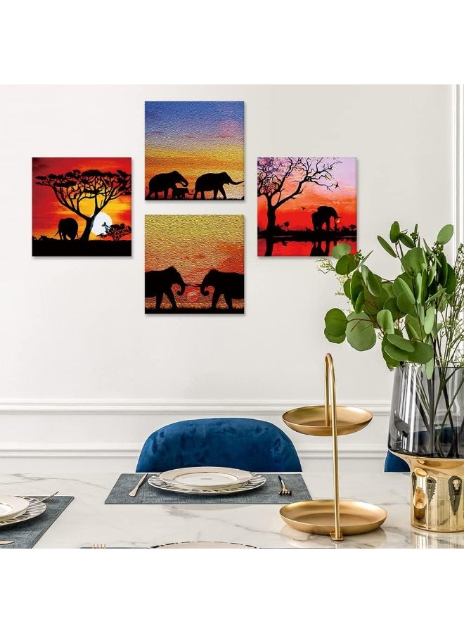 Artscope 4 Pieces Wall Art Canvas Prints - Sunset with African Elephants Picture Painting - Modern Wall Artwork Framed for Gifts Bathroom Home Kitchen Office Decor - 30 x 30 CM - Image 3