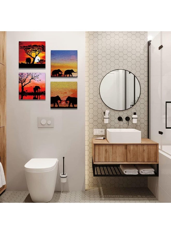Artscope 4 Pieces Wall Art Canvas Prints - Sunset with African Elephants Picture Painting - Modern Wall Artwork Framed for Gifts Bathroom Home Kitchen Office Decor - 30 x 30 CM - Image 4