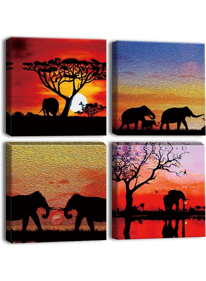 Artscope 4 Pieces Wall Art Canvas Prints - Sunset with African Elephants Picture Painting - Modern Wall Artwork Framed for Gifts Bathroom Home Kitchen Office Decor - 30 x 30 CM - Image 1