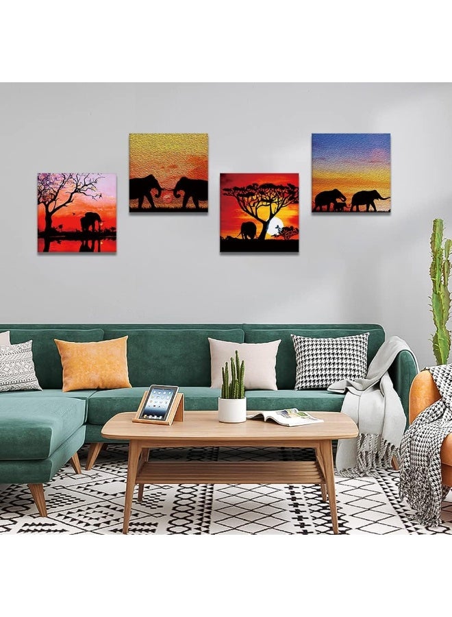 Artscope 4 Pieces Wall Art Canvas Prints - Sunset with African Elephants Picture Painting - Modern Wall Artwork Framed for Gifts Bathroom Home Kitchen Office Decor - 30 x 30 CM - Image 2