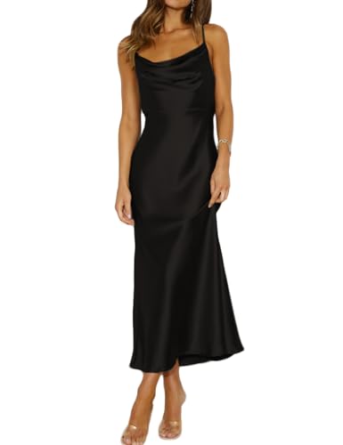 Mogidol Summer Satin Spaghetti Strap Cowl Neck Backless Midi Dresses for Women Elegant Tie Low Back Ruched Cocktail Dress Black - Image 5
