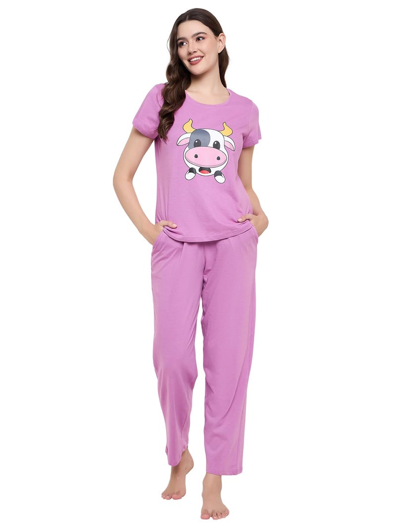 Clovia Women's Cotton Printed Top & Basic Pyjama Set (LS0413E15_Purple_S) - Image 1