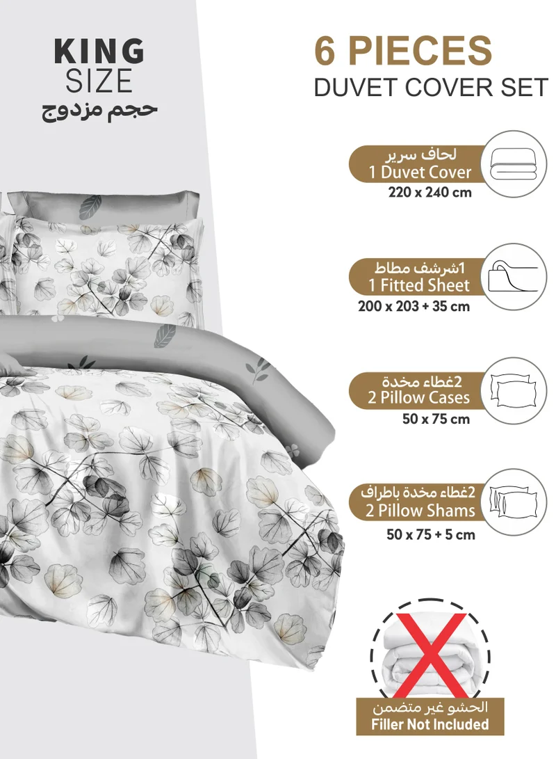 Donetella Printed Duvet Set, King Size 220x240 cm - 6-Pcs Bed Set, Microfiber Fabric - 1 Duvet Cover, 1 Fitted Sheet, 2 Pillow Shams, 2 Pillowcases (Filler Not Included)