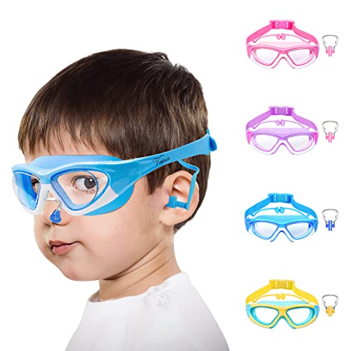 Vvinca Kids Swim Goggles, Wide View Anti-Fog Quick Adjustable Strap Swim Mask with Ear Clip Nose Clip for Child Swimming Lesson, No Leaking Water Pool Glasses for Toddlers Girls Boys Age 3-12 (Blue) - Image 1
