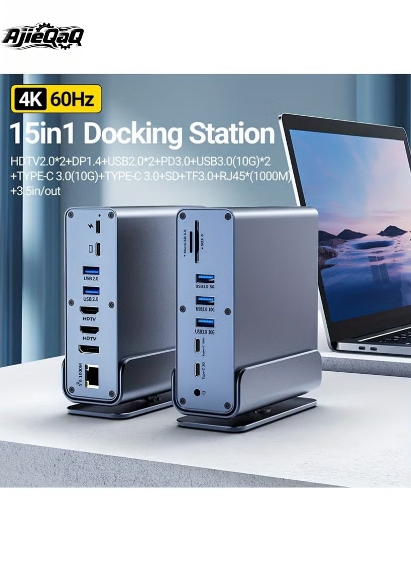 أجي كاك قاعدة توصيل USB-C 15 في 1، محور من النوع C، محور كمبيوتر محمول عمودي مع قاعدة قابلة للإزالة تدعم RJ45 1000M، USB 3.0/2.0، PD 100W، صوت 3.5 مم، SD/TF للهواتف الذكية اللوحية وأجهزة الكمبيوتر المحمول - Image 1