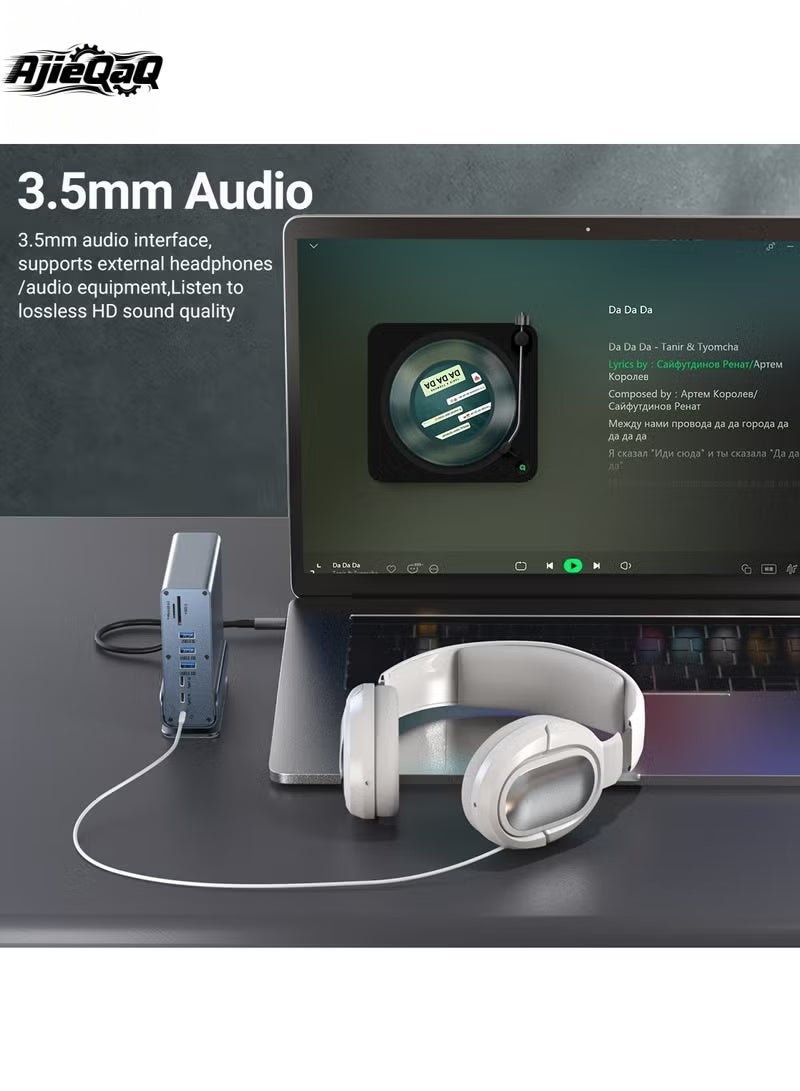 أجي كاك قاعدة توصيل USB-C 15 في 1، محور من النوع C، محور كمبيوتر محمول عمودي مع قاعدة قابلة للإزالة تدعم RJ45 1000M، USB 3.0/2.0، PD 100W، صوت 3.5 مم، SD/TF للهواتف الذكية اللوحية وأجهزة الكمبيوتر المحمول - Image 5
