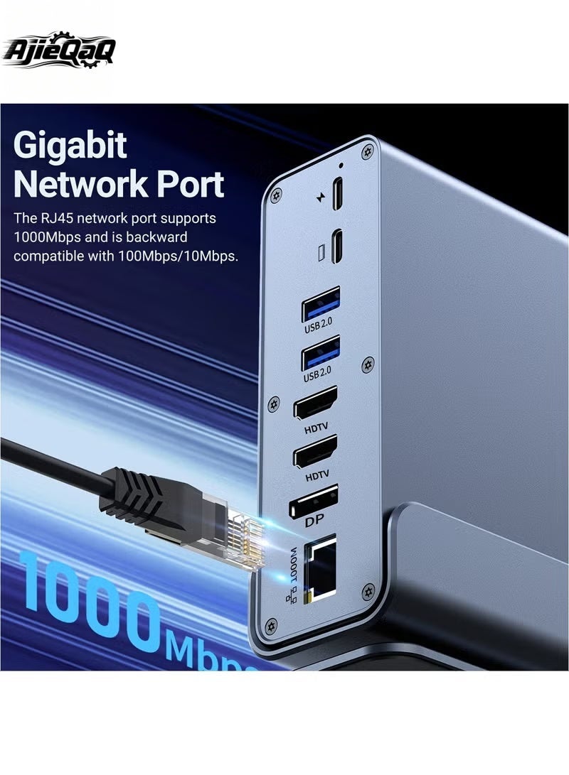 أجي كاك قاعدة توصيل USB-C 15 في 1، محور من النوع C، محور كمبيوتر محمول عمودي مع قاعدة قابلة للإزالة تدعم RJ45 1000M، USB 3.0/2.0، PD 100W، صوت 3.5 مم، SD/TF للهواتف الذكية اللوحية وأجهزة الكمبيوتر المحمول - Image 4