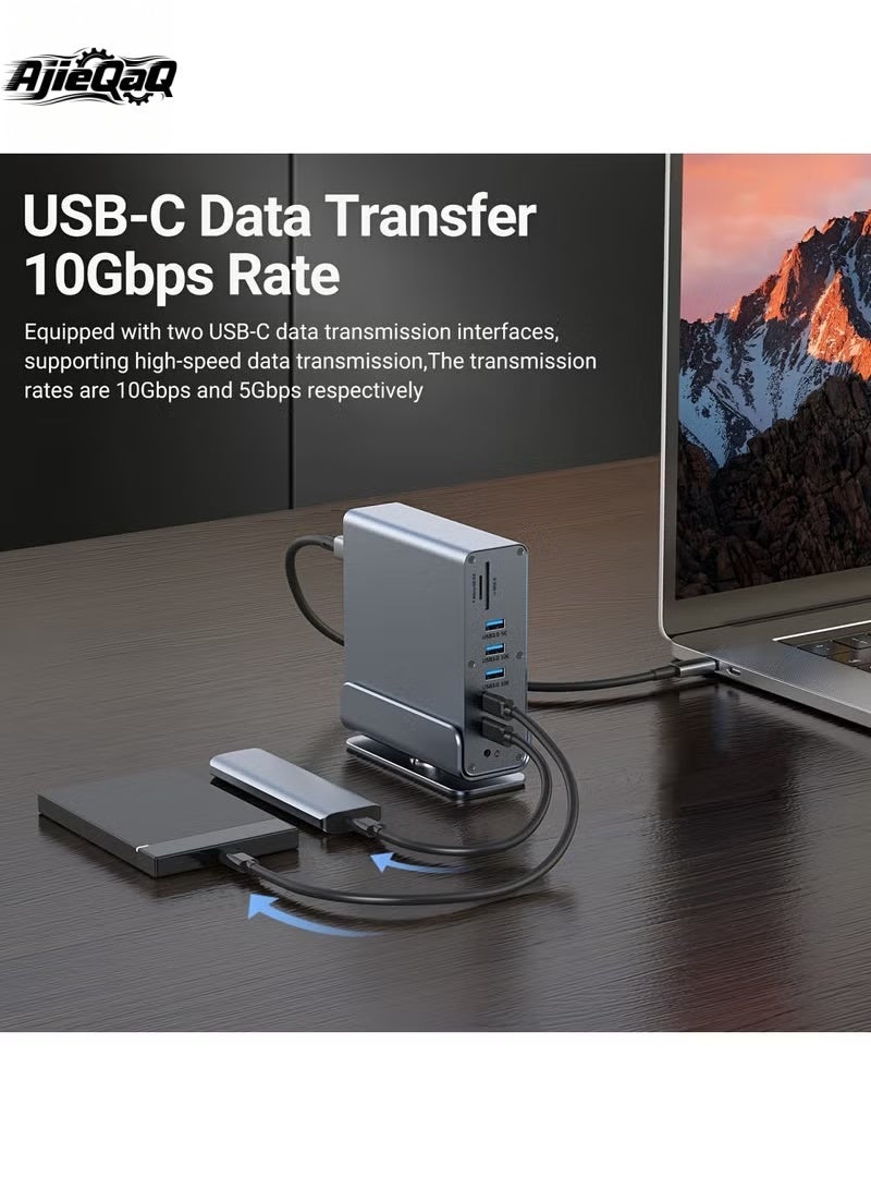 أجي كاك قاعدة توصيل USB-C 15 في 1، محور من النوع C، محور كمبيوتر محمول عمودي مع قاعدة قابلة للإزالة تدعم RJ45 1000M، USB 3.0/2.0، PD 100W، صوت 3.5 مم، SD/TF للهواتف الذكية اللوحية وأجهزة الكمبيوتر المحمول - Image 3