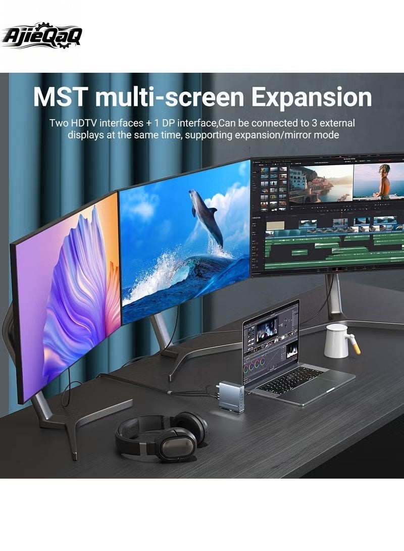 أجي كاك قاعدة توصيل USB-C 15 في 1، محور من النوع C، محور كمبيوتر محمول عمودي مع قاعدة قابلة للإزالة تدعم RJ45 1000M، USB 3.0/2.0، PD 100W، صوت 3.5 مم، SD/TF للهواتف الذكية اللوحية وأجهزة الكمبيوتر المحمول - Image 2