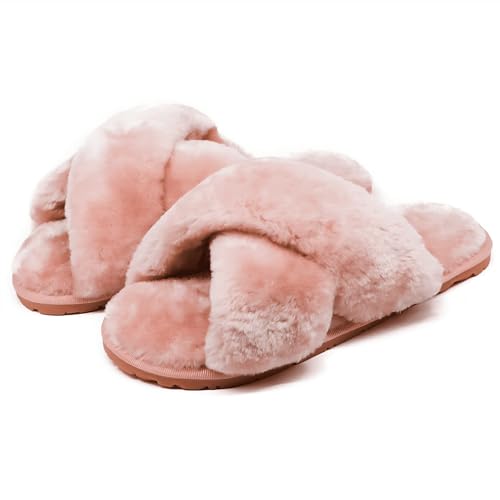 Crazy Lady Women's Fuzzy Fluffy House Slippers Cute Plush Memory Foam Shoes Cross Band Indoor Outdoor Open Toe Sandals(06/Pink, 8.5-9.5) - Image 1