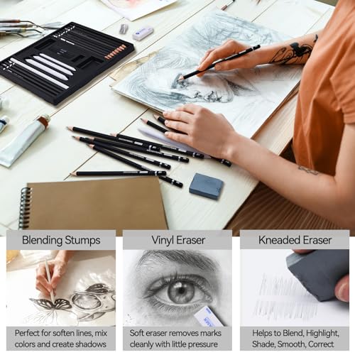 PANDAFLY Drawing Sketching Pencil Set, 22 Piece Pro Art Pencil Kit - Graphite Pencils (12B-2H), Black and White Charcoal Pencils, Charcoal Sticks, Stumps, Eraser, Sharpeners - Image 5
