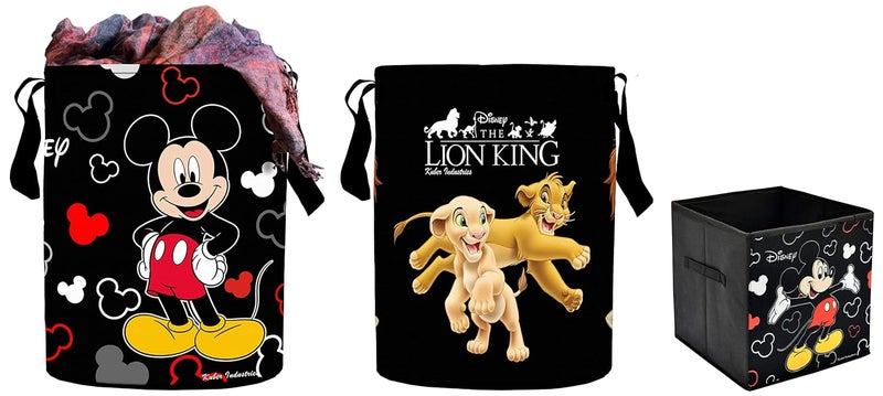 Kuber Industries Kuber Storage Cube Storage Box &Kuber Lion King Print Round Fabric Foldable Laundry Basket,&Kuber Print Round Waterproof Cotton Laundry Bag, Toy Storage, Laundry Basket Organizer 45 L (Black)