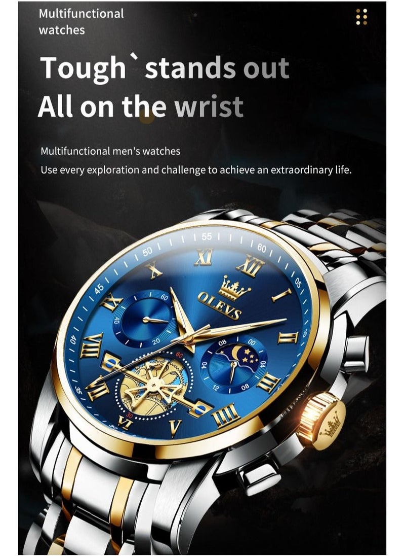OLEVS Watches for Men Fashion Stainless Steel Quartz Chronograph Water Resistant Watch 42mm 2859 Gold and Silver - Image 3