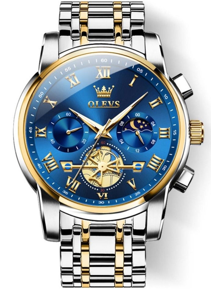 OLEVS Watches for Men Fashion Stainless Steel Quartz Chronograph Water Resistant Watch 42mm 2859 Gold and Silver - Image 1