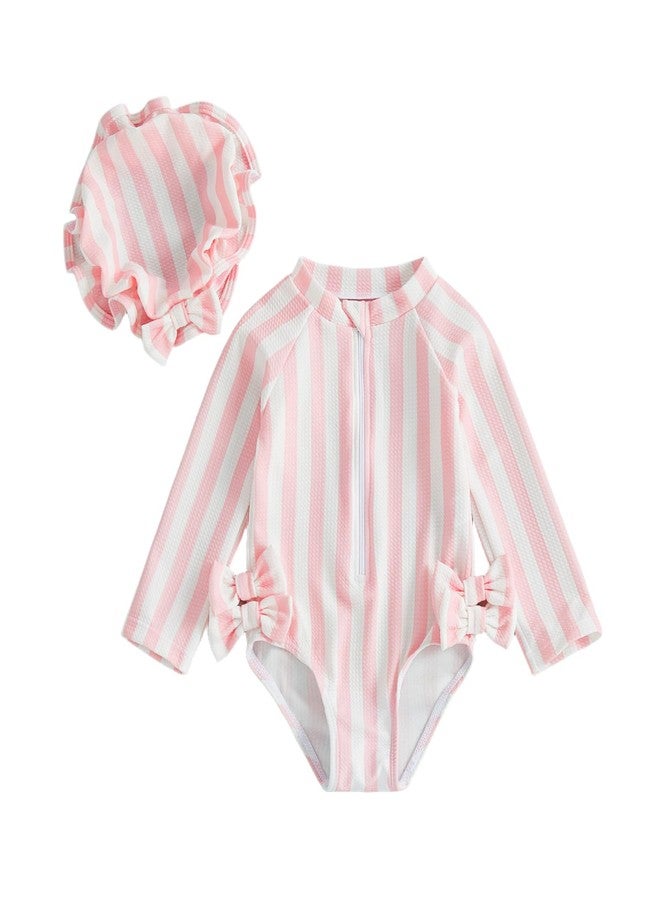 Lucikamy Baby Girl Rash Guard Swimsuit Toddler Long Sleeve One Piece Bathing Suit with Hat Infant Zipper Ruffled Swimwear (S-Pink, 6-12 Months) - Image 1