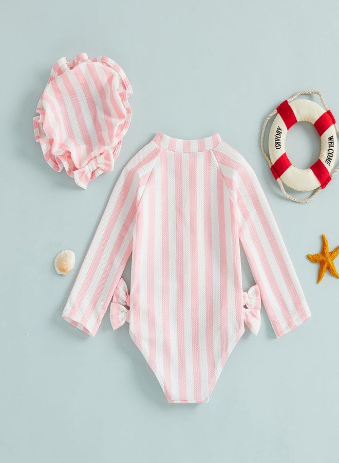 Lucikamy Baby Girl Rash Guard Swimsuit Toddler Long Sleeve One Piece Bathing Suit with Hat Infant Zipper Ruffled Swimwear (S-Pink, 6-12 Months) - Image 3