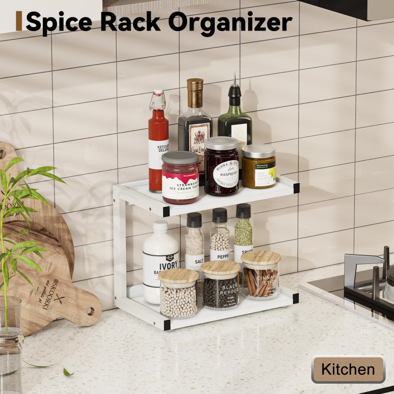 Marty 2 Tier 12.6""X7.7"" Counter Shelf Organizer Kitchen Spice Rack For Countertop  Coffee Station Organizer For Mugs Cups  Wood Shelf Desk Storage Organizer For Bathroom Home Office (White) - Image 2