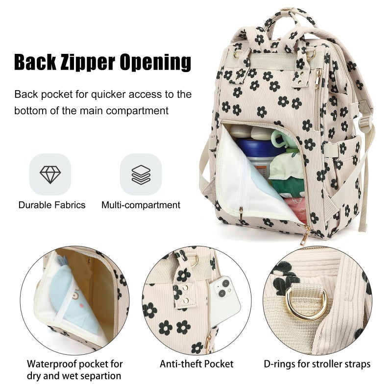 Dezcrab Baby Diaper Bag Backpack for Mom, Large Capacity Travel Nappy Bag for Boys & Girls with Stroller Straps (Corduroy Flowers) - Image 4