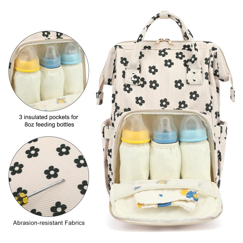 Dezcrab Baby Diaper Bag Backpack for Mom, Large Capacity Travel Nappy Bag for Boys & Girls with Stroller Straps (Corduroy Flowers) - Image 3