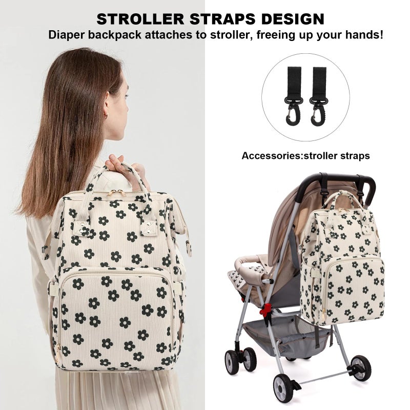 Dezcrab Baby Diaper Bag Backpack for Mom, Large Capacity Travel Nappy Bag for Boys & Girls with Stroller Straps (Corduroy Flowers) - Image 2