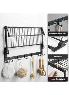 HOOKOR Towel Rack, Stainless Steel Bathroom Towel Rail with Towel Bar and Hooks, Foldable Wall-Mounted Self Adhesive Shower Shelf Organizer, Bath Towel Storage Shelf-Black  - Image 2