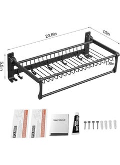 HOOKOR Towel Rack, Stainless Steel Bathroom Towel Rail with Towel Bar and Hooks, Foldable Wall-Mounted Self Adhesive Shower Shelf Organizer, Bath Towel Storage Shelf-Black  - Image 3