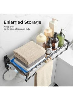 HOOKOR Towel Rack, Stainless Steel Bathroom Towel Rail with Towel Bar and Hooks, Foldable Wall-Mounted Self Adhesive Shower Shelf Organizer, Bath Towel Storage Shelf-Black  - Image 4