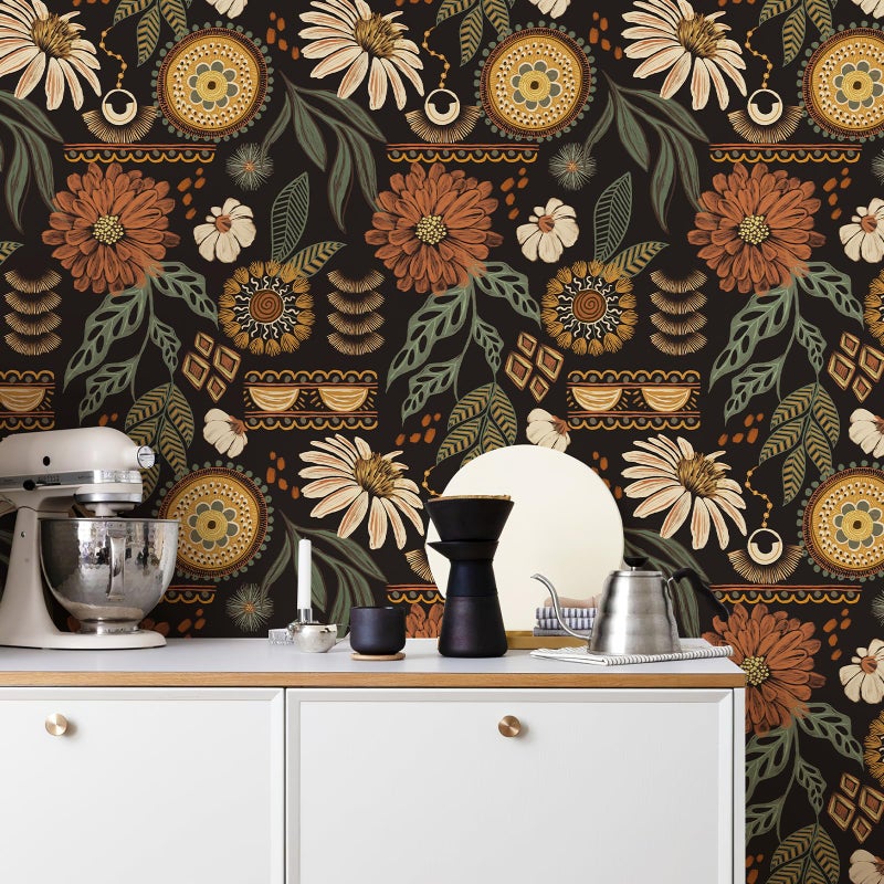 Simon&Siff Boho Wallpaper Peel and Stick, 17.3'' x 480" Sun Floral Retro Removable Contact Paper Dark Botanical Flowers Wall Mural for Decorative Bedroom Bathroom Home Wall - Image 4