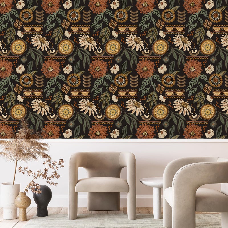 Simon&Siff Boho Wallpaper Peel and Stick, 17.3'' x 480" Sun Floral Retro Removable Contact Paper Dark Botanical Flowers Wall Mural for Decorative Bedroom Bathroom Home Wall - Image 5