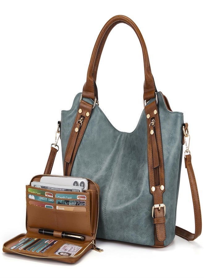 Soperwillton Crossbody Bags for Women Large Hobo Purse PU Leather Shoulder Handbag Ladies Tote Wallet Set 2PCS, Z Blue Brown, Large, S1139 - Image 1
