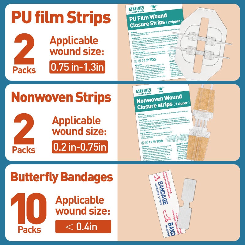 AZEN 14 Pack Emergency Wound Closure Strips, Butterfly Bandages, Emergency Laceration Closure Kit, Repair Wounds Without Stitches, Quick Clot Zip Stitch Wound Closures Device - Image 2