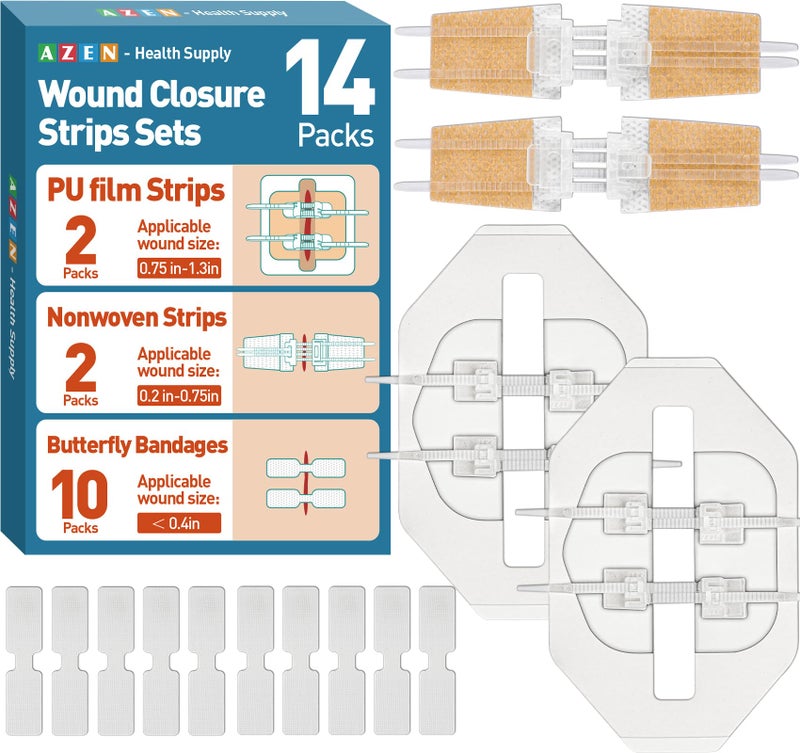AZEN 14 Pack Emergency Wound Closure Strips, Butterfly Bandages, Emergency Laceration Closure Kit, Repair Wounds Without Stitches, Quick Clot Zip Stitch Wound Closures Device - Image 1
