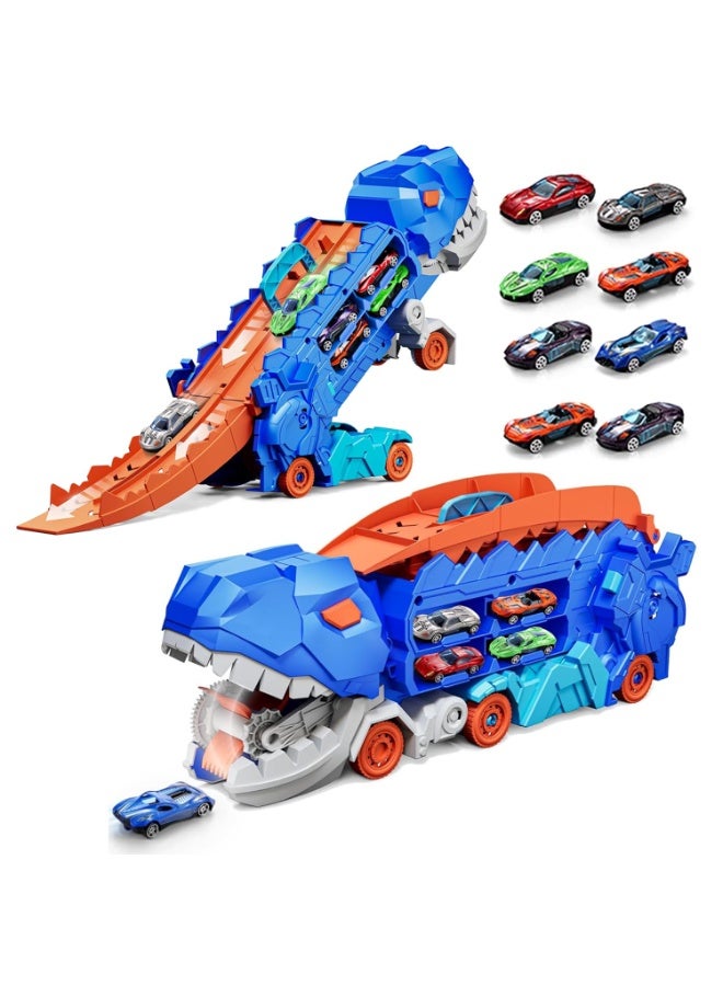 عام شاحنة ديناصور ألعاب سيارات للأطفال بعمر 3-6 سنوات، مع مسار سباق منزلق بطول 25 بوصة، قابلة للتحول إلى تي ريكس واقف، مجموعة سيارات للأطفال أولاد وبنات (8 سيارات). - Image 1