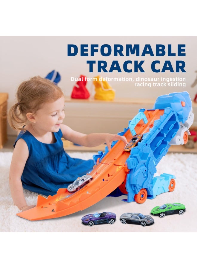 عام شاحنة ديناصور ألعاب سيارات للأطفال بعمر 3-6 سنوات، مع مسار سباق منزلق بطول 25 بوصة، قابلة للتحول إلى تي ريكس واقف، مجموعة سيارات للأطفال أولاد وبنات (8 سيارات). - Image 2