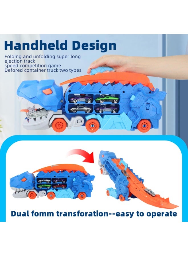 عام شاحنة ديناصور ألعاب سيارات للأطفال بعمر 3-6 سنوات، مع مسار سباق منزلق بطول 25 بوصة، قابلة للتحول إلى تي ريكس واقف، مجموعة سيارات للأطفال أولاد وبنات (8 سيارات). - Image 3