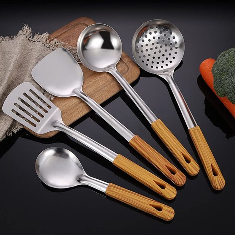 DASNDAS 6 Pcs 304 Stainless Steel Kitchen Utensil Set with Wooden Handle Mirror Finish Polishing Includes Stainless Steel Holder Spatula Soup Ladle Skimmer Spaghetti Server Large Spoon - Image 2
