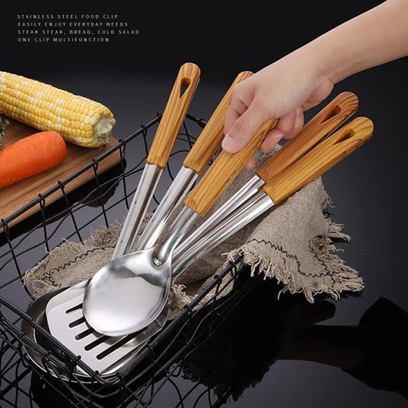 DASNDAS 6 Pcs 304 Stainless Steel Kitchen Utensil Set with Wooden Handle Mirror Finish Polishing Includes Stainless Steel Holder Spatula Soup Ladle Skimmer Spaghetti Server Large Spoon - Image 3