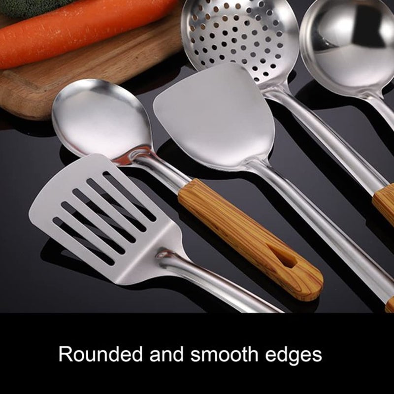 DASNDAS 6 Pcs 304 Stainless Steel Kitchen Utensil Set with Wooden Handle Mirror Finish Polishing Includes Stainless Steel Holder Spatula Soup Ladle Skimmer Spaghetti Server Large Spoon - Image 4