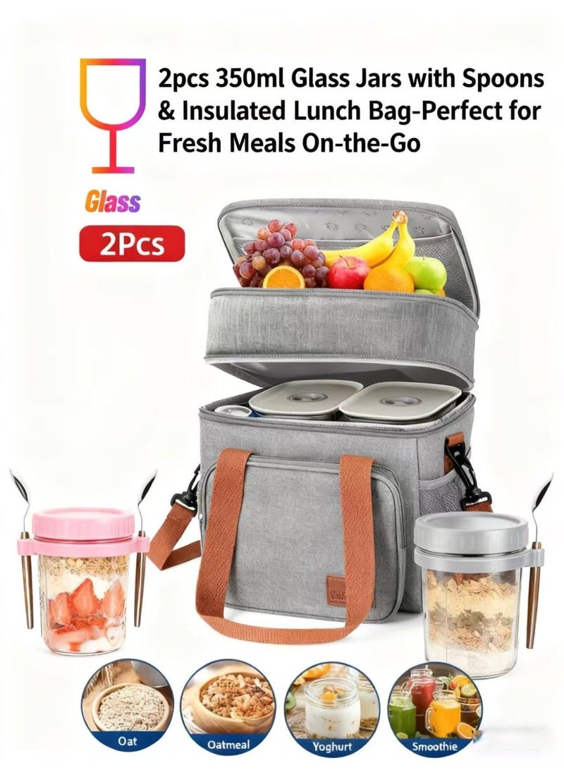 مجموعة حقيبة غداء كبيرة وأواني شوفان الليل: حقيبة طعام معزولة مضادة للماء قابلة للتوسيع مع علبتين قياسيتين مع ملعقة - Image 1