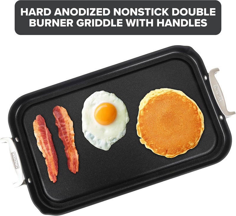 Viking Nonstick Double Burner Griddle, 19 x 11 Inch Hard Anodized Kitchen Grill Pan with Handles, Oven Safe, Works on Gas, Ceramic, and Electric Stove Top - Image 2