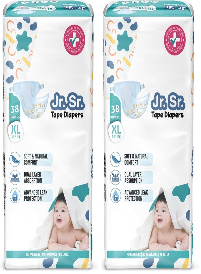 Jr. Sr. Baby Tape Style Diaper | Adjustable Fit for Babies | Extra Large (XL) Size (12+ kg), 38 Count | Pack of 2 | Upto 12 hr Absorption with Advanced Leak Protection | Soft & Comfy