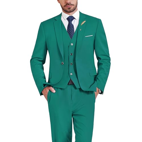 MrSure Men's 3 Piece Suit Blazer, Slim Fit Tux with One Button, Jacket Vest Pants & Tie Set for Party, Wedding and Business Green - Image 1