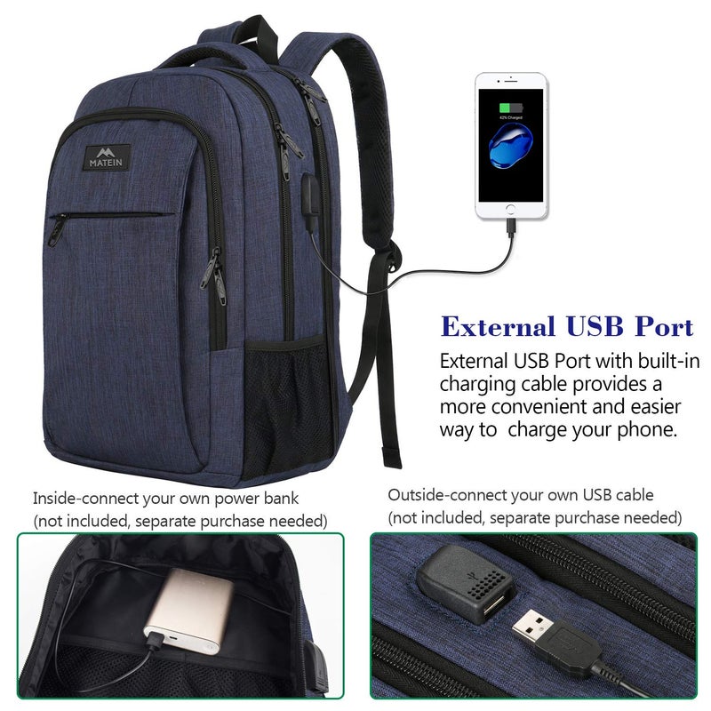 MATEIN Large College Backpack, Sturdy Computer Backpack with USB Charging Port Fits 17 inch Notebook, Carryon Luggage Travel Laptop Bag for Business Men and Women Christmas New Year Gift, Blue - Image 4