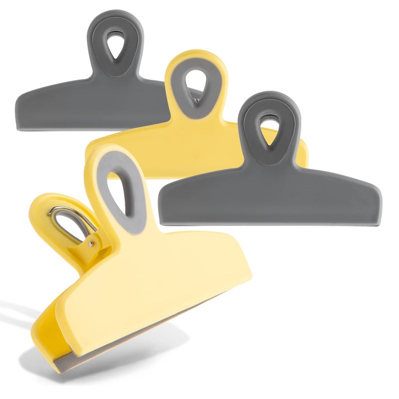 COOK WITH COLOR Bag Clips  Heavy Duty Chip Clip and Refrigerator Magnet Clips for Food Storage with Air Tight Seal Grip Yellow and Grey Pack of 4 Large Clips